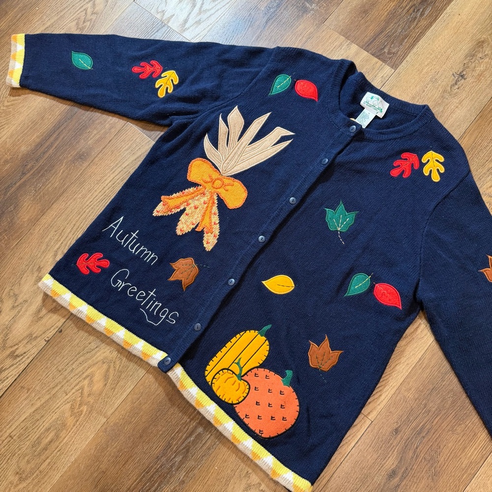 Vintage Y2K Fall Cardigan Fall Leaf Sweater Halloween Sweater Embroidered Leaves - Picture 3 of 17